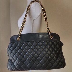 CHANEL Black Quilted Tote with Gold Chain